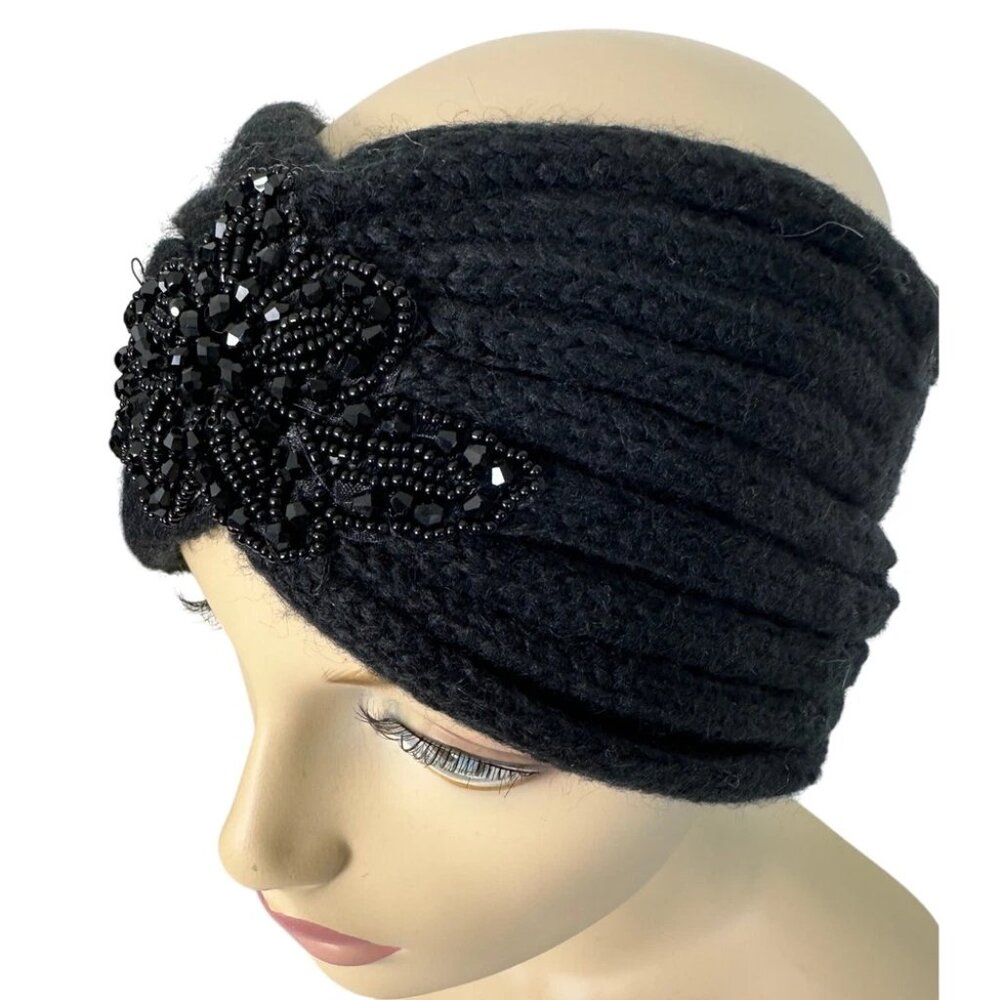 Bel Cappelli Women's Knitted Headband Black Bling Flower 5" Band 100% Acrylic